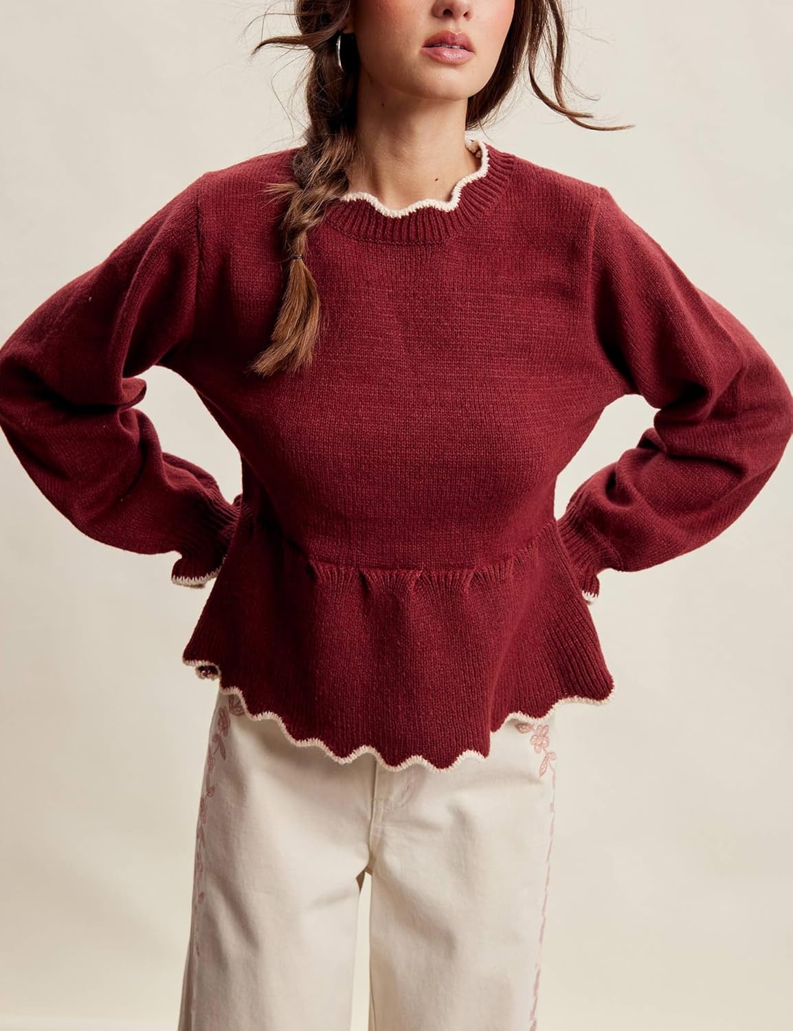 image:imageSpringrain Womens Scalloped Peplum Long Sleeve Knit SweaterWinered