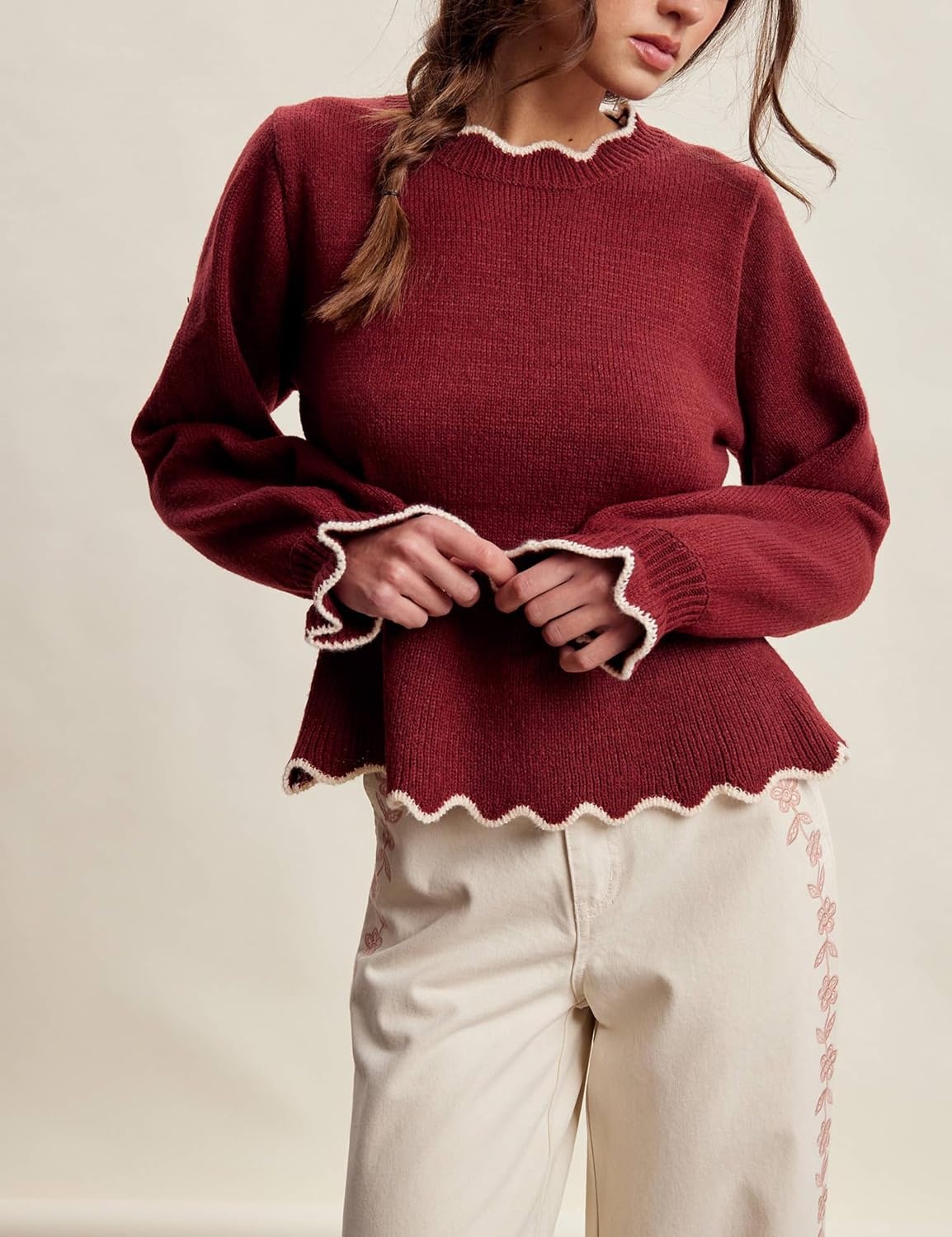 image:imageSpringrain Womens Scalloped Peplum Long Sleeve Knit SweaterWinered
