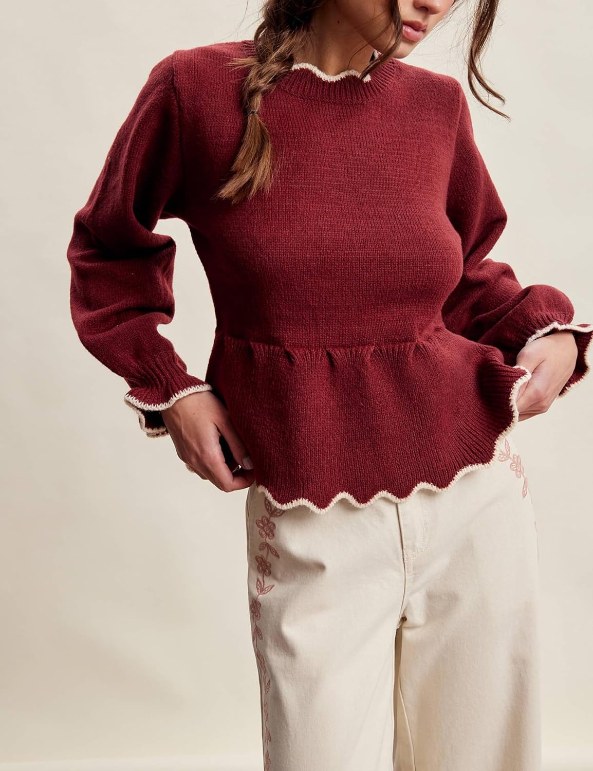 image:imageSpringrain Womens Scalloped Peplum Long Sleeve Knit SweaterWinered