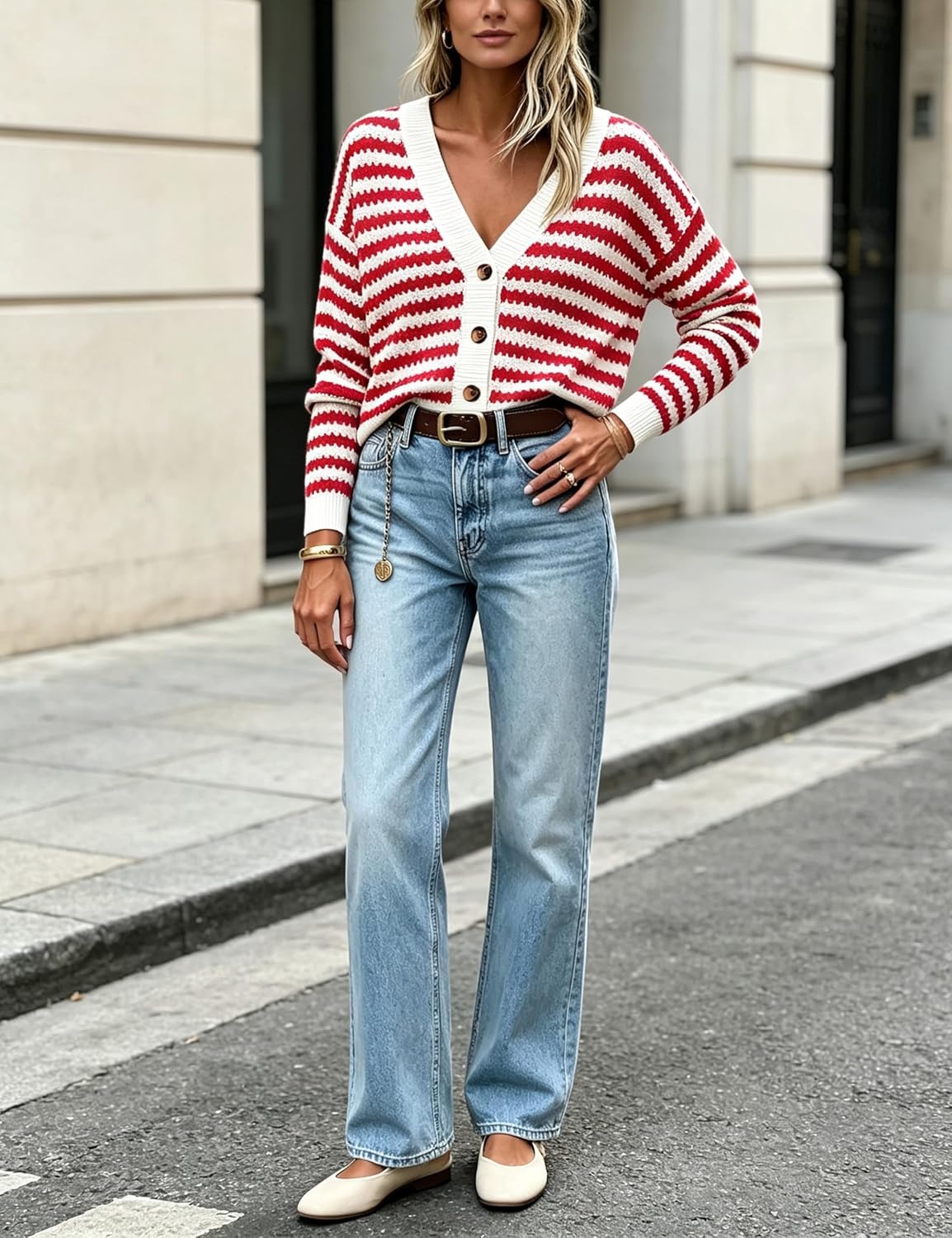 image:imageSpringrain Womens Striped Crochet Long Sleeve Knit CardiganRed
