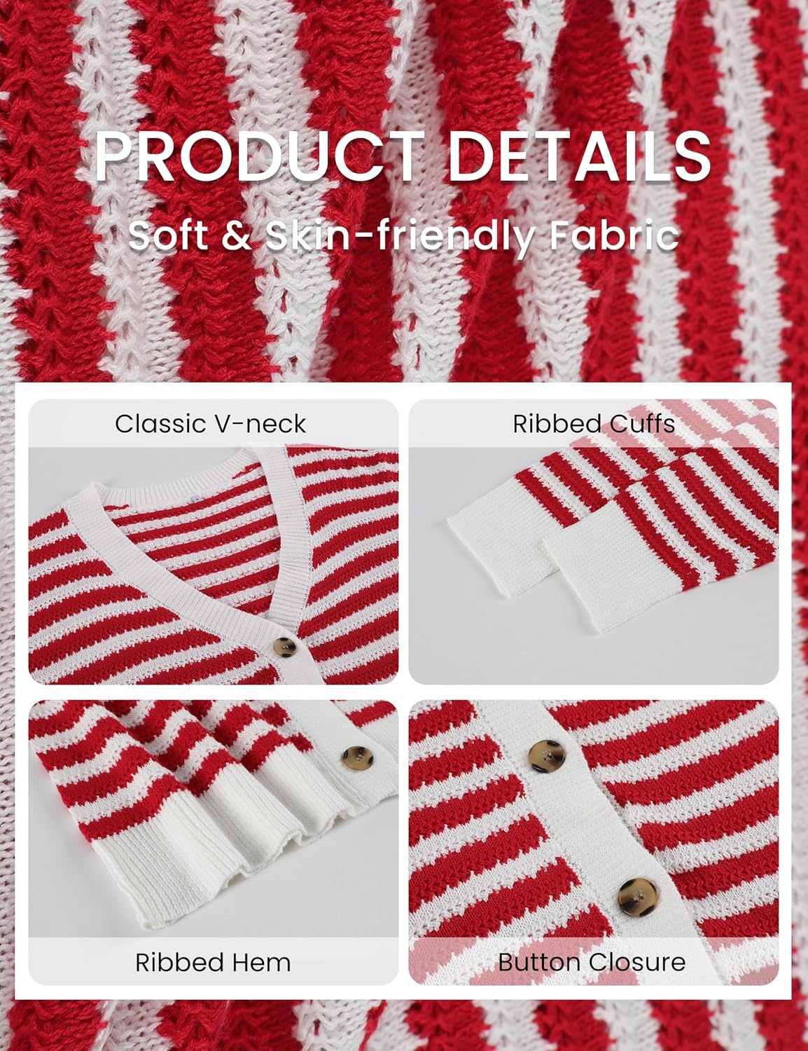 image:imageSpringrain Womens Striped Crochet Long Sleeve Knit CardiganRed