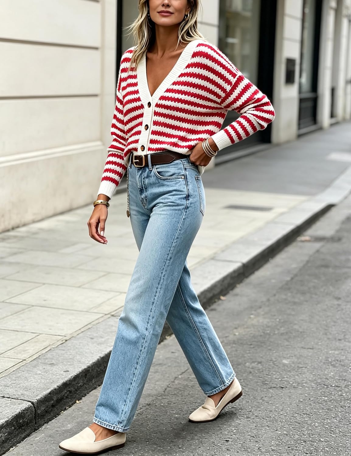 image:imageSpringrain Womens Striped Crochet Long Sleeve Knit CardiganRed