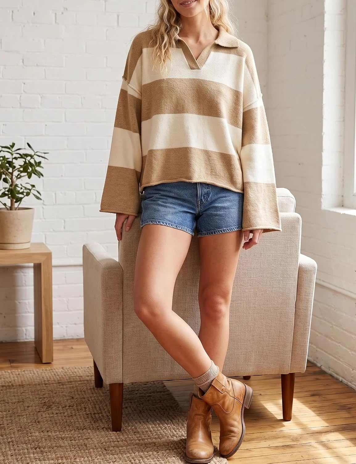 image:imageSpringrain Womens Striped Polo Collar Knit Sweater Color Block PulloverKhaki