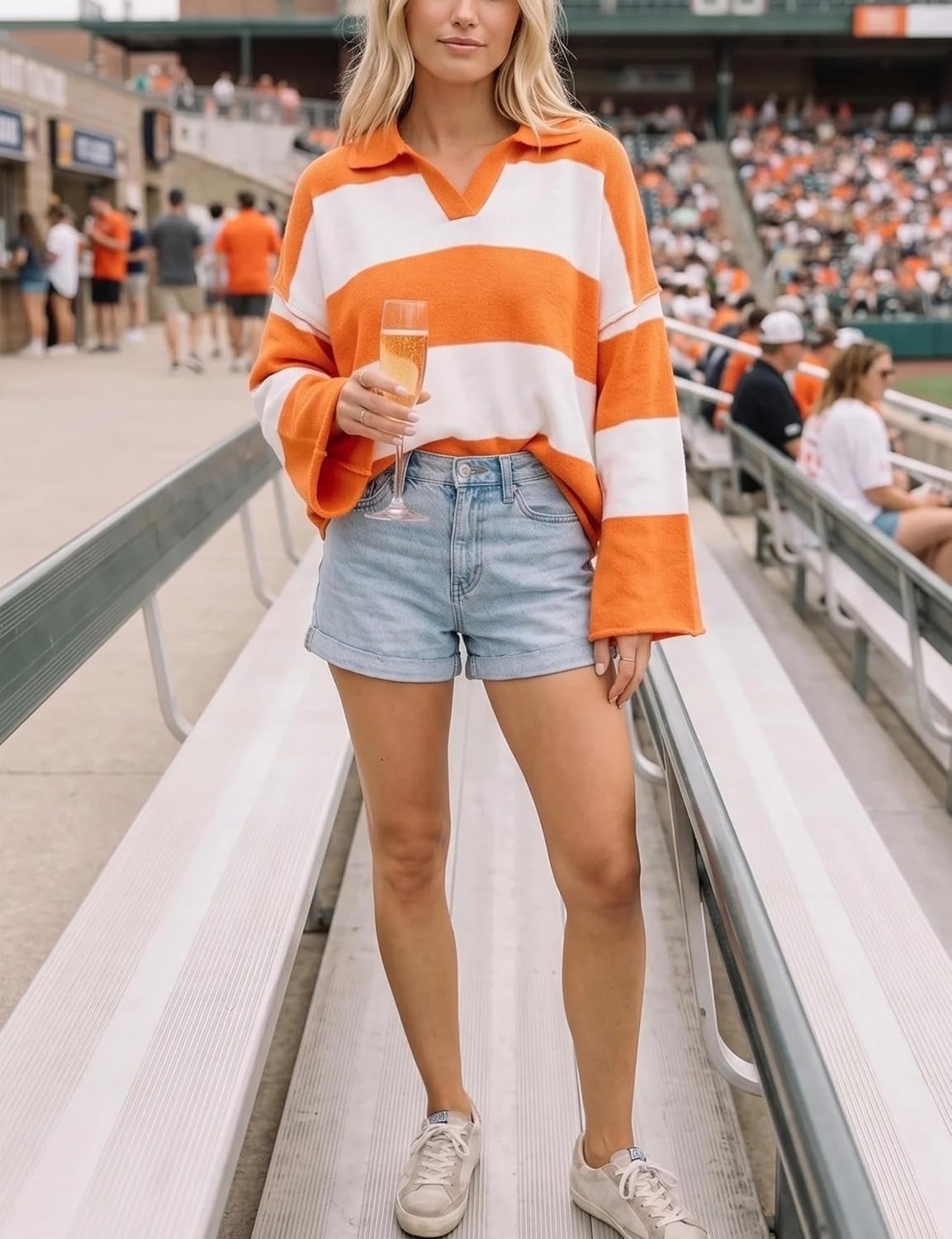 image:imageSpringrain Womens Striped Polo Collar Knit Sweater Color Block PulloverOrange