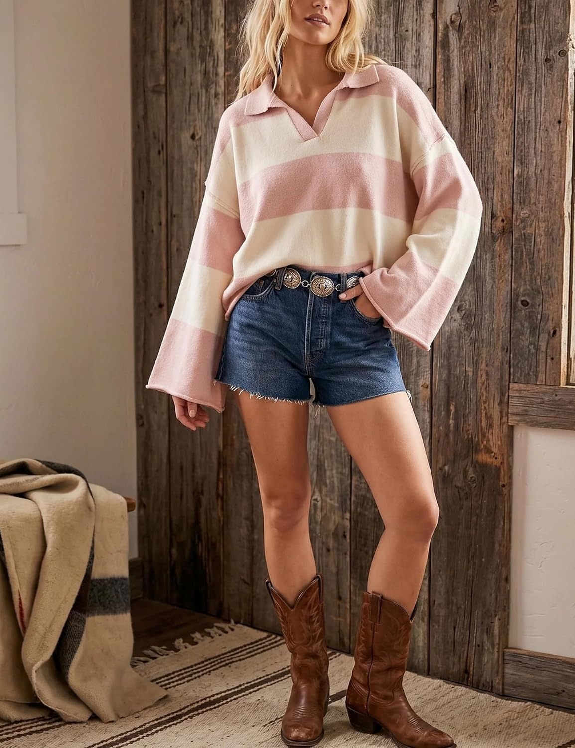image:imageSpringrain Womens Striped Polo Collar Knit Sweater Color Block PulloverPink