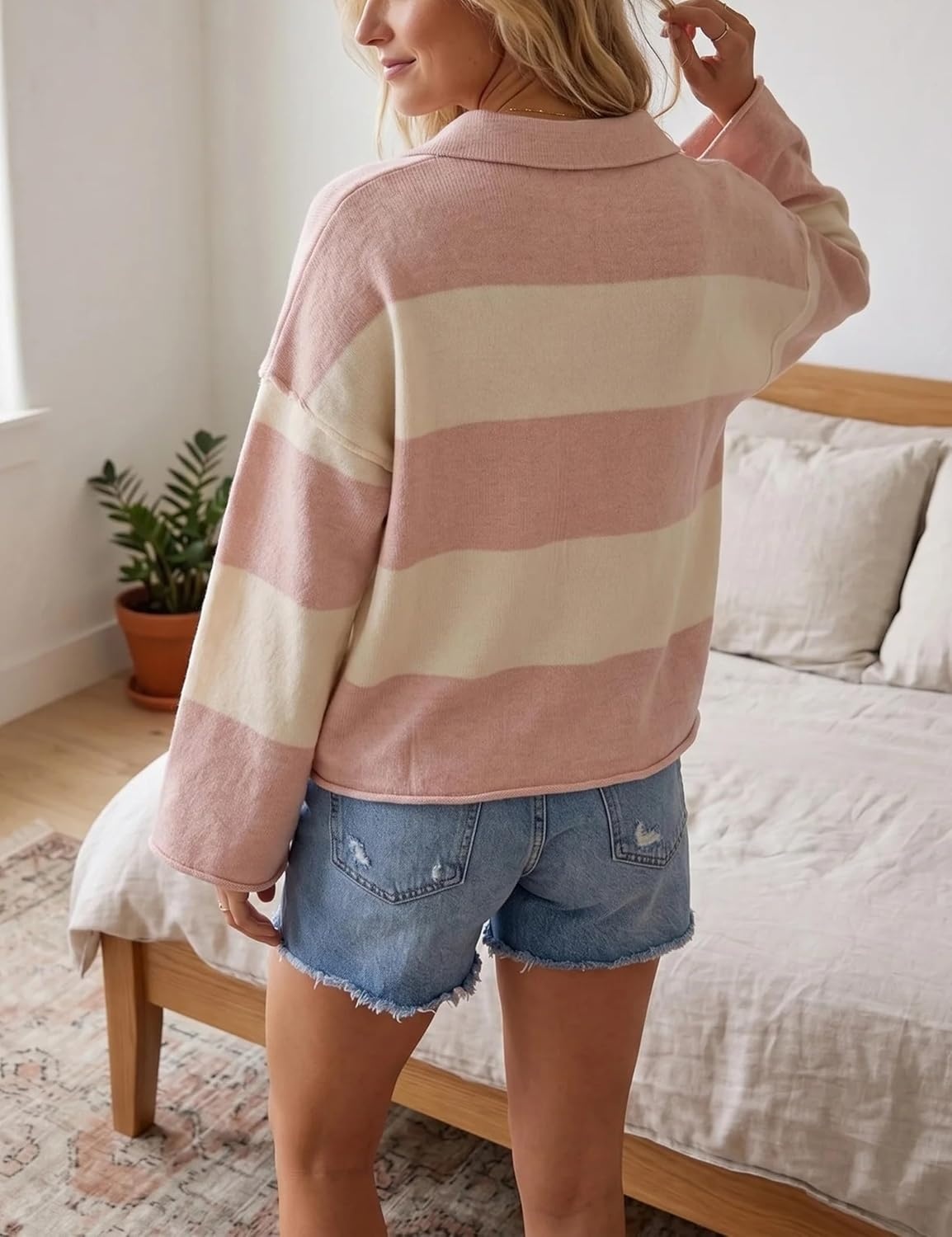 image:imageSpringrain Womens Striped Polo Collar Knit Sweater Color Block PulloverPink