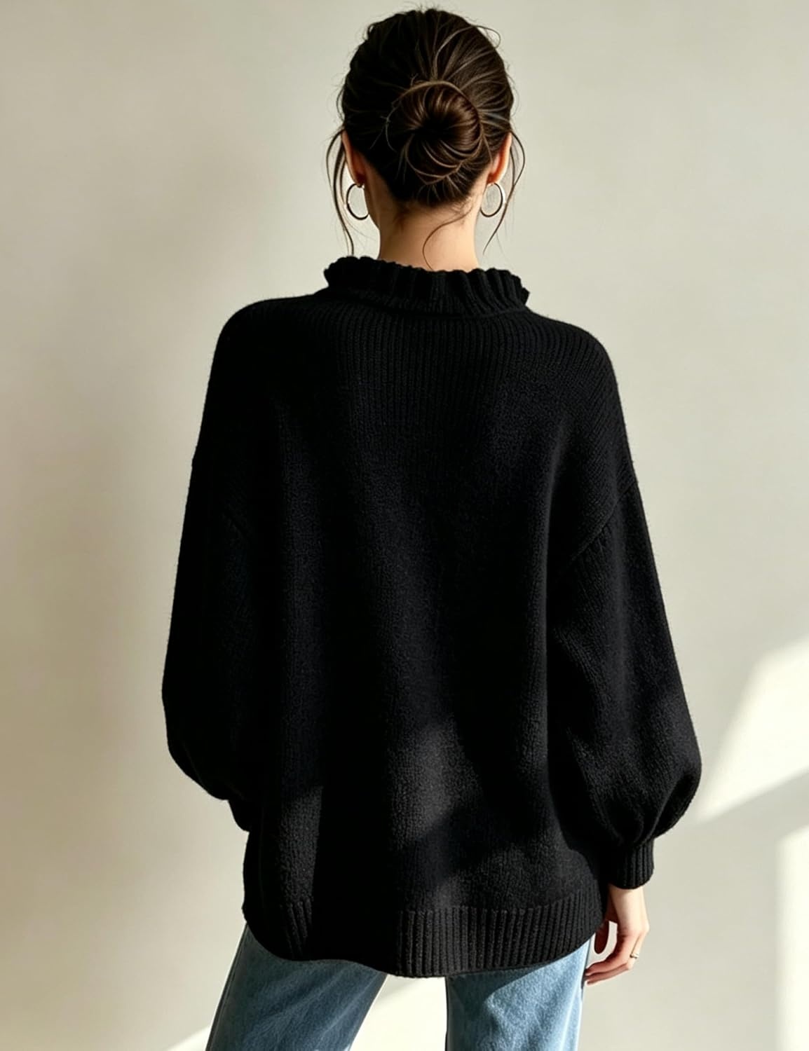 image:imageSpringrain Womens V Neck Ruffle Fall Knit Pullover SweaterBlack