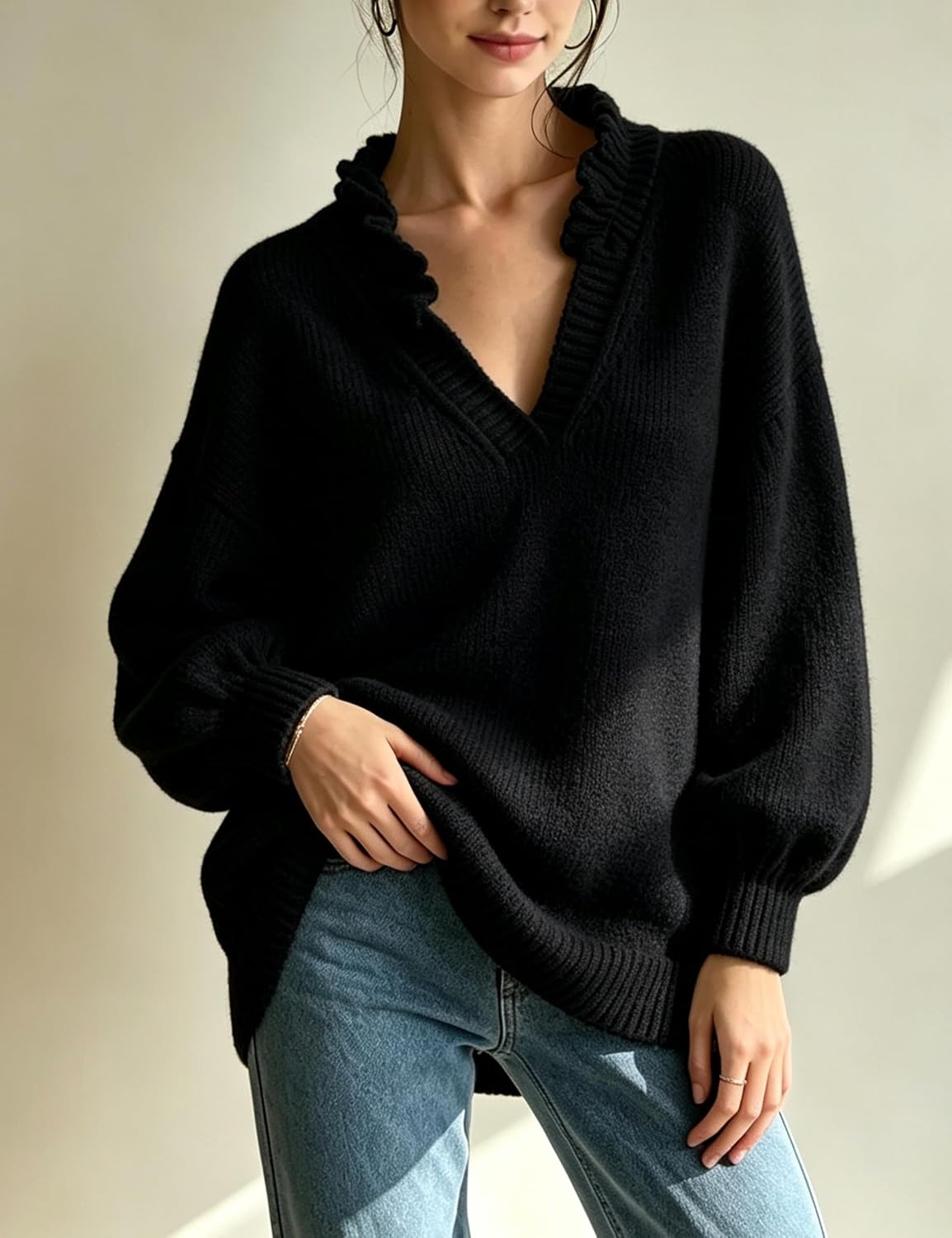 image:imageSpringrain Womens V Neck Ruffle Fall Knit Pullover SweaterBlack