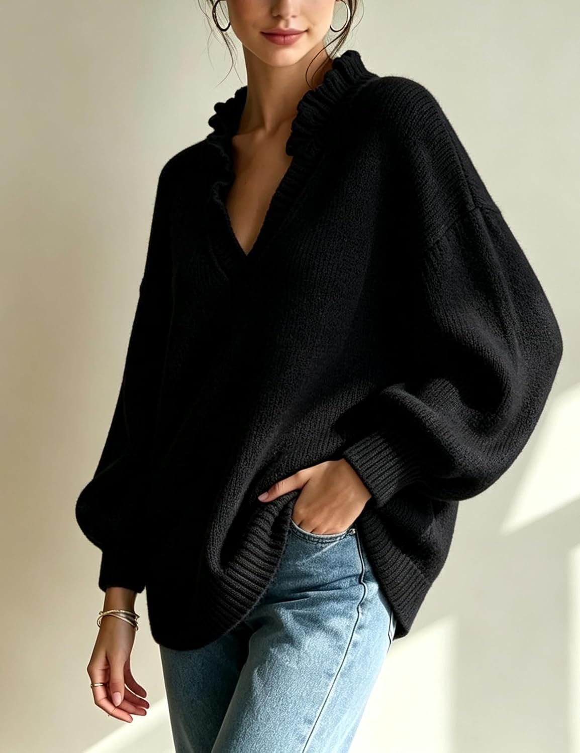 image:imageSpringrain Womens V Neck Ruffle Fall Knit Pullover SweaterBlack