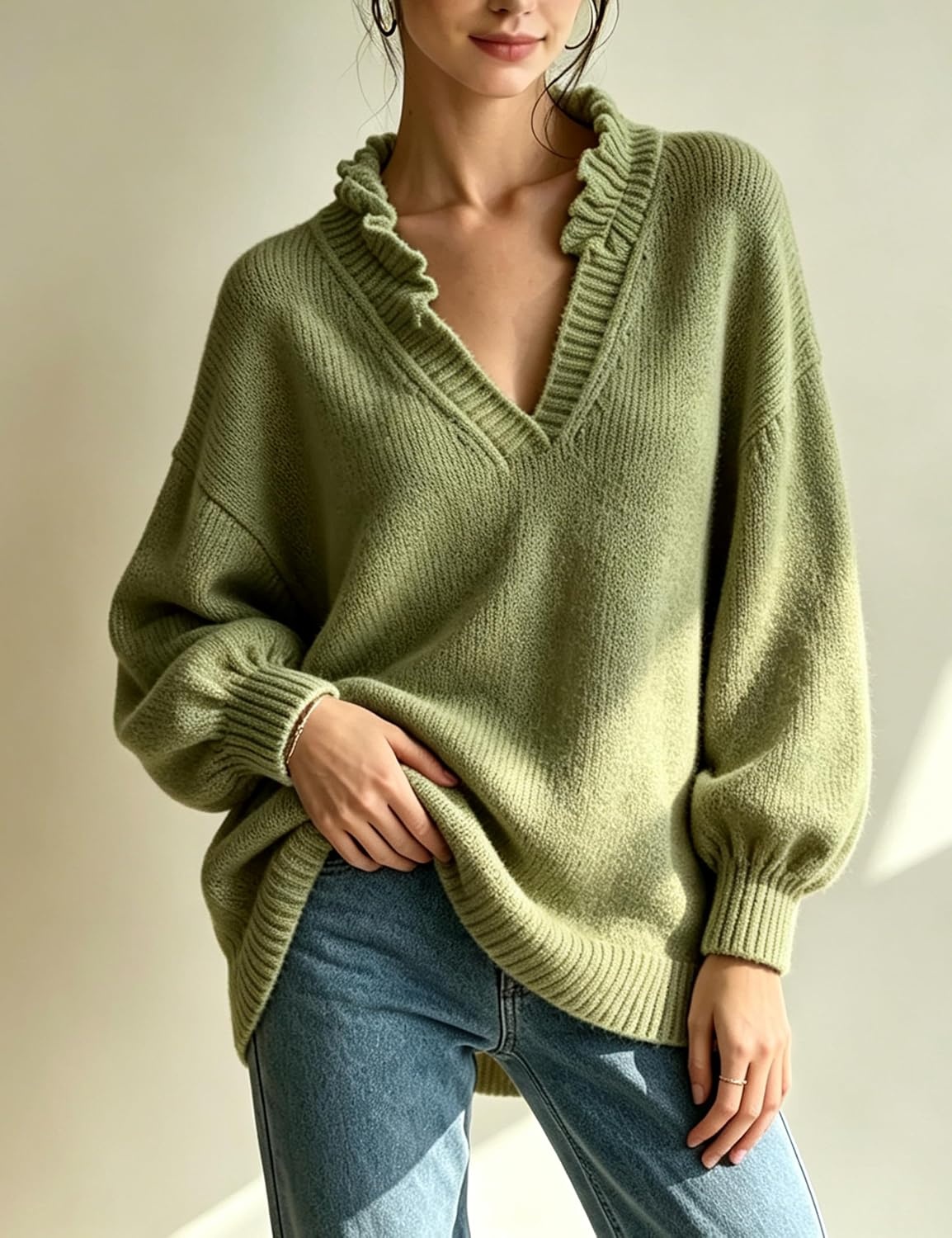 image:imageSpringrain Womens V Neck Ruffle Fall Knit Pullover SweaterGreen