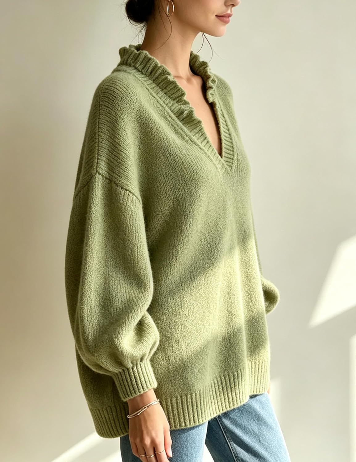 image:imageSpringrain Womens V Neck Ruffle Fall Knit Pullover SweaterGreen