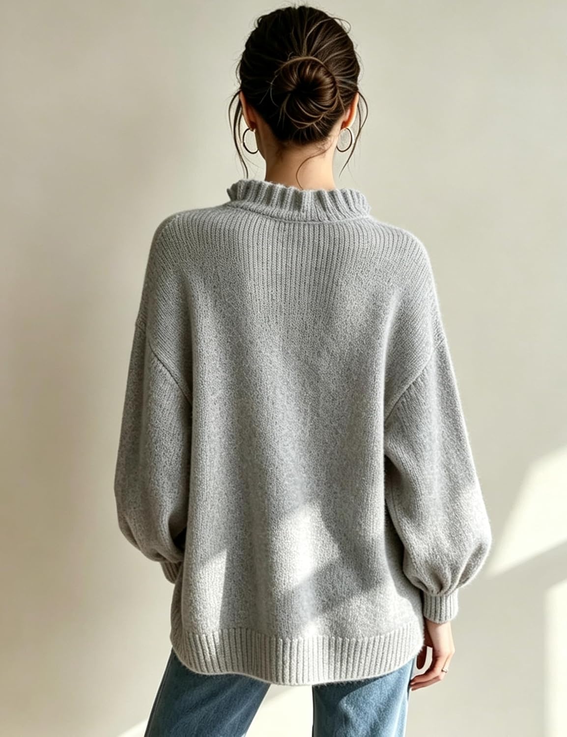 image:imageSpringrain Womens V Neck Ruffle Fall Knit Pullover SweaterGrey