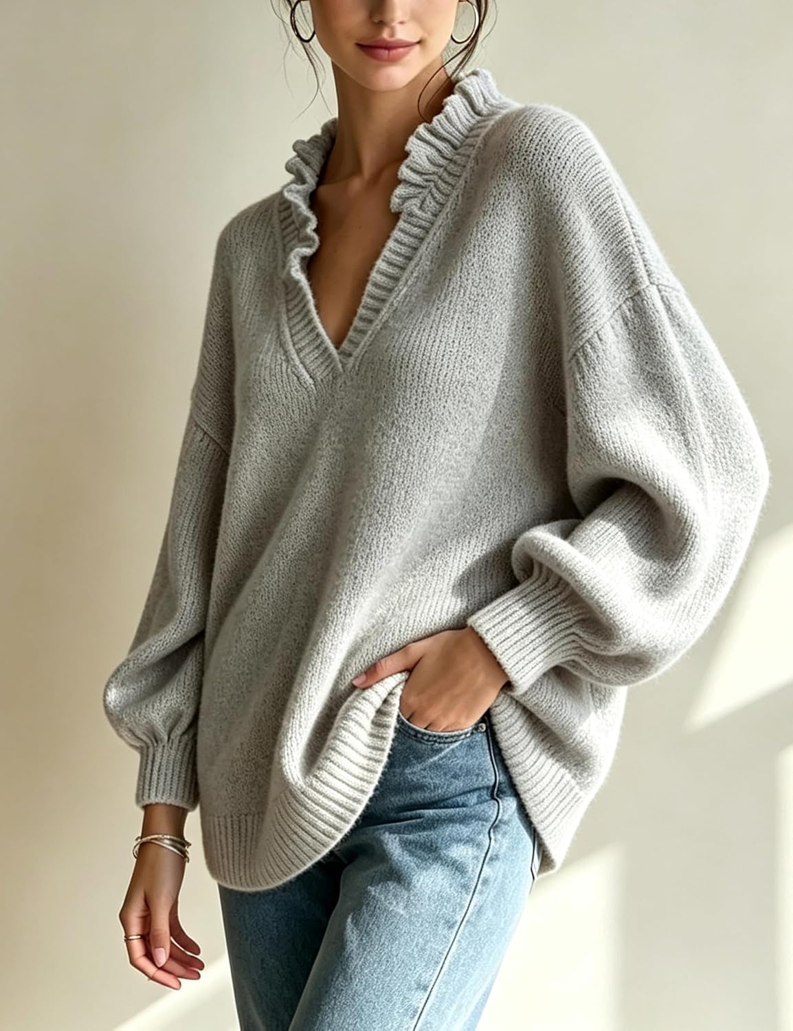 image:imageSpringrain Womens V Neck Ruffle Fall Knit Pullover SweaterGrey