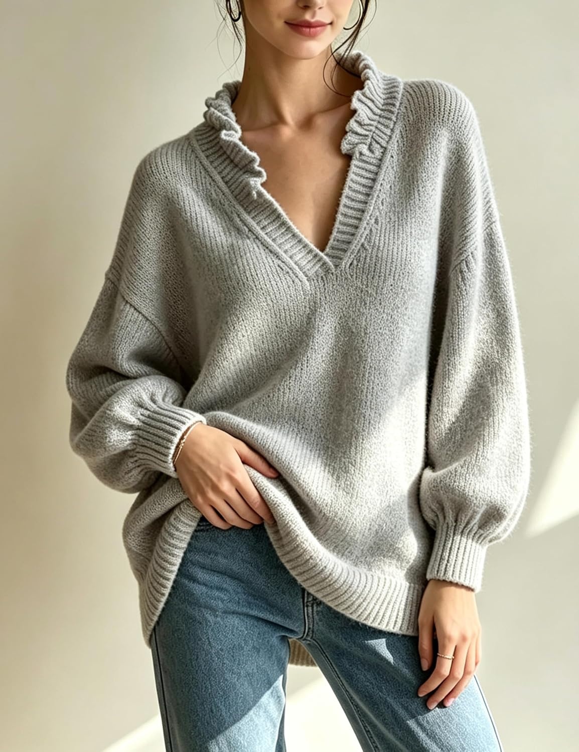 image:imageSpringrain Womens V Neck Ruffle Fall Knit Pullover SweaterGrey