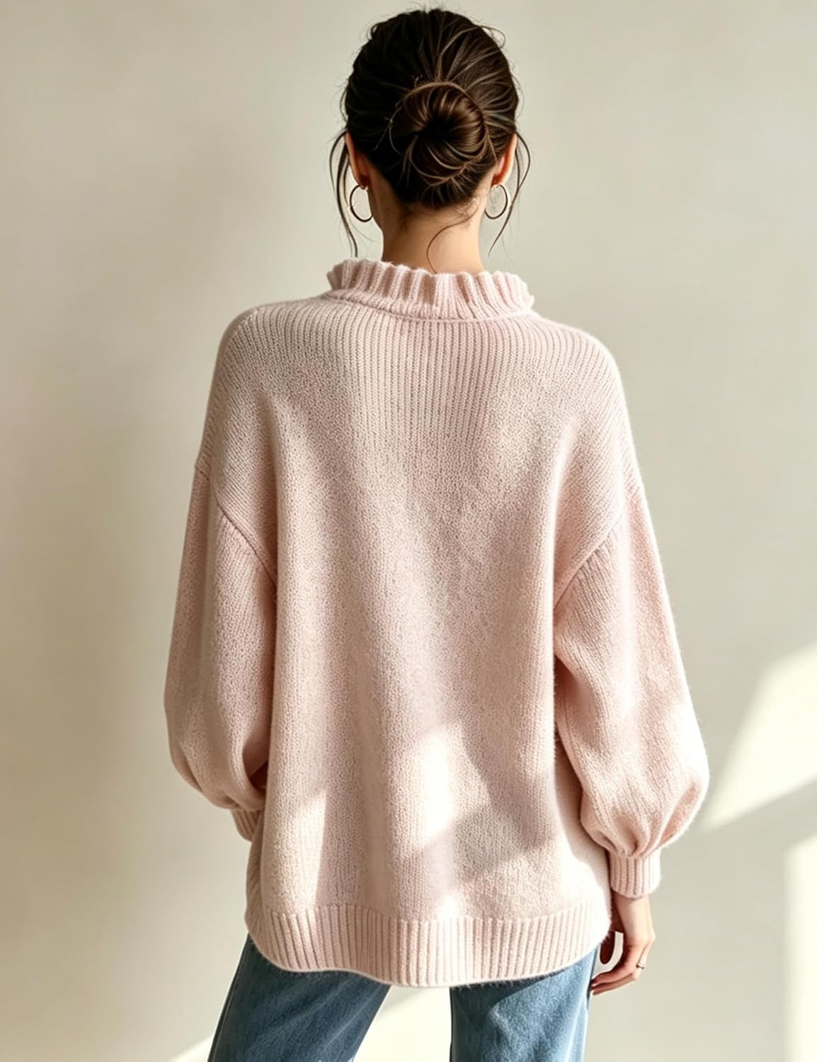 image:imageSpringrain Womens V Neck Ruffle Fall Knit Pullover SweaterPink