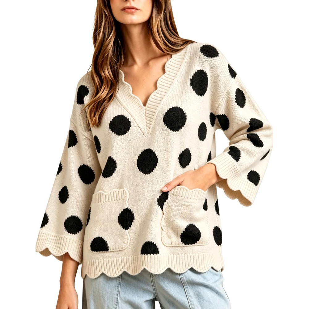 image:imageSpringrain Sweaters for Women Polka Dot V Neck Fall Knit PulloverBeige