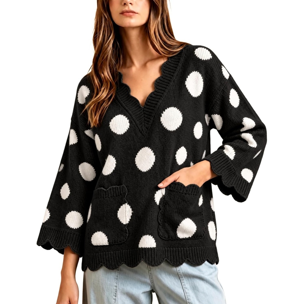 image:imageSpringrain Sweaters for Women Polka Dot V Neck Fall Knit PulloverBlack