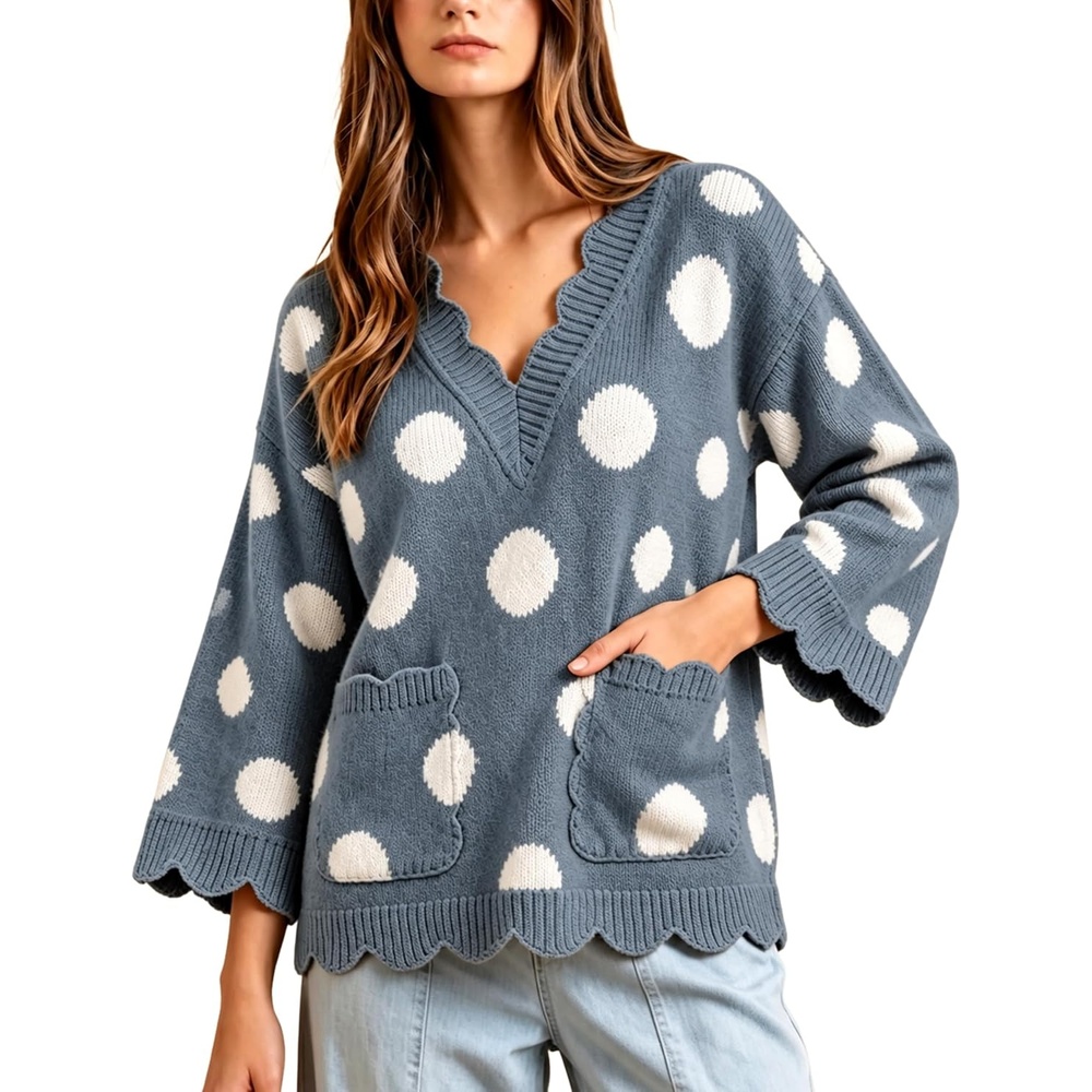 image:imageSpringrain Sweaters for Women Polka Dot V Neck Fall Knit PulloverBluegrey