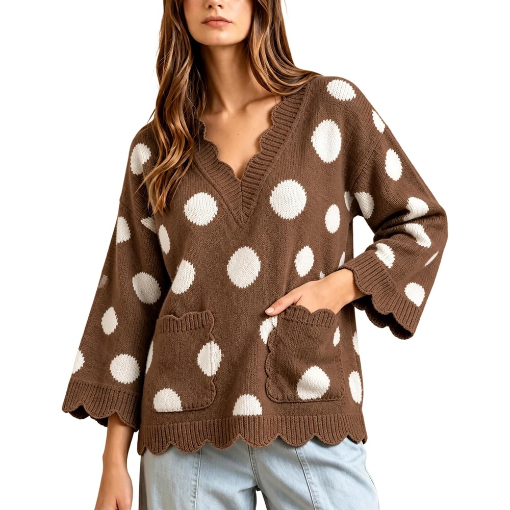 image:imageSpringrain Sweaters for Women Polka Dot V Neck Fall Knit PulloverBrown