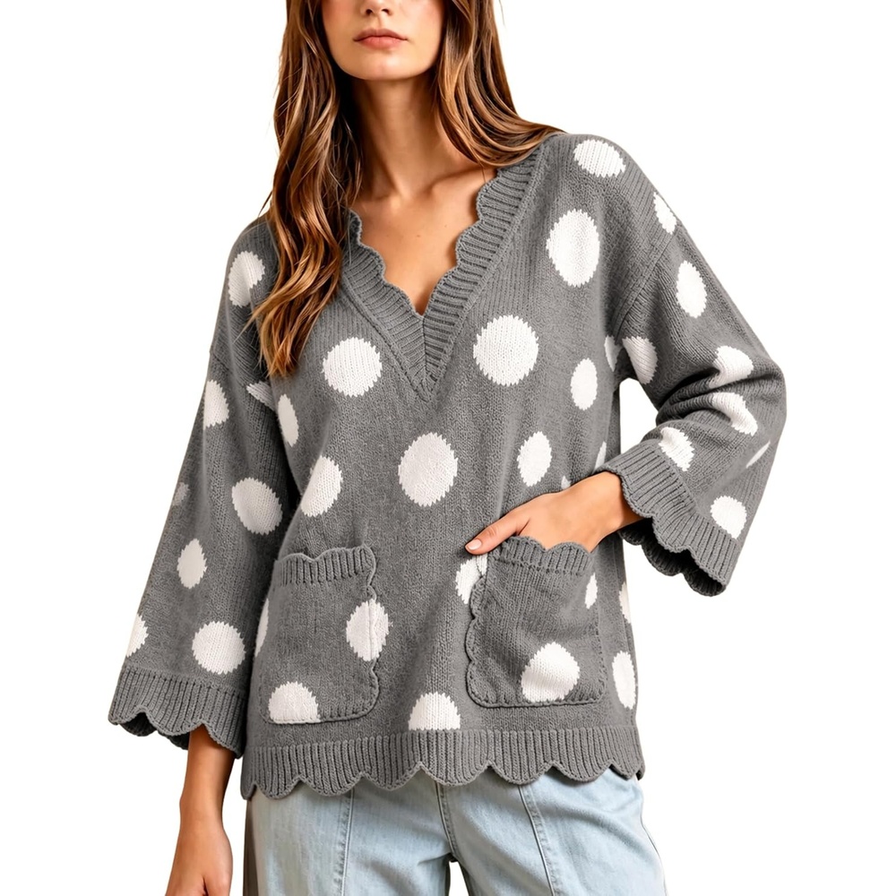 image:imageSpringrain Sweaters for Women Polka Dot V Neck Fall Knit PulloverGrey