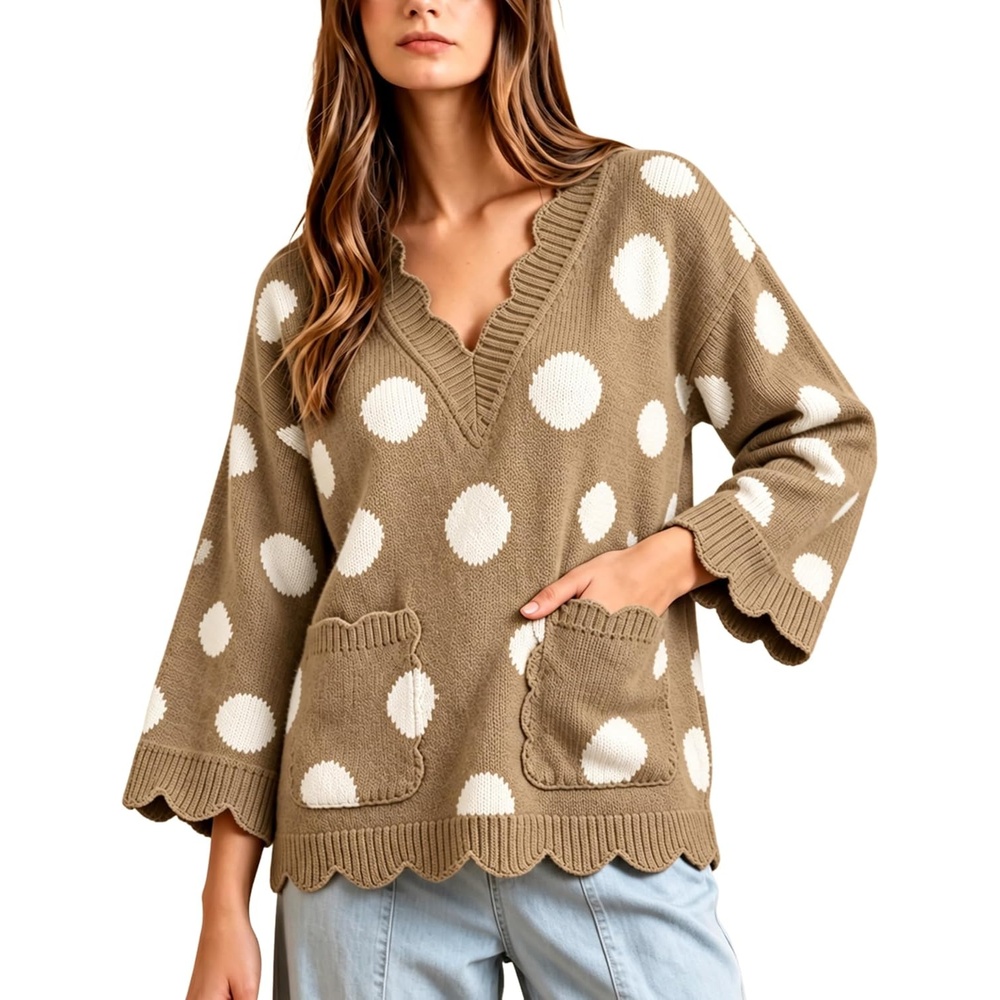 image:imageSpringrain Sweaters for Women Polka Dot V Neck Fall Knit PulloverKhaki