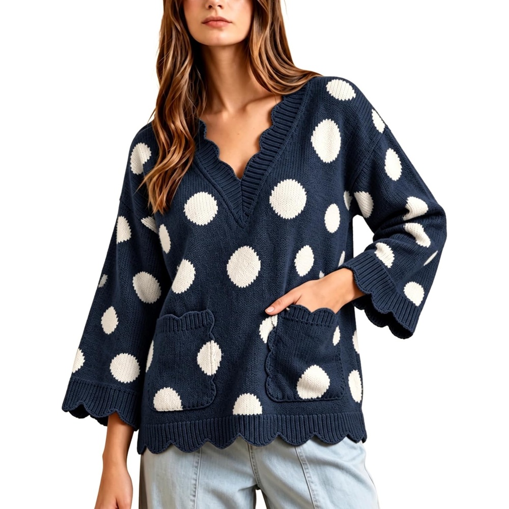 image:imageSpringrain Sweaters for Women Polka Dot V Neck Fall Knit PulloverNavy