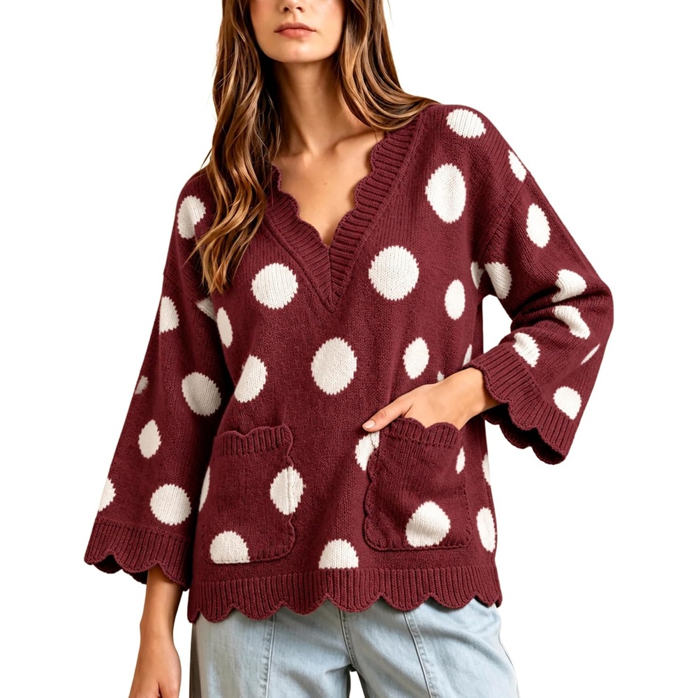image:imageSpringrain Sweaters for Women Polka Dot V Neck Fall Knit PulloverWinered