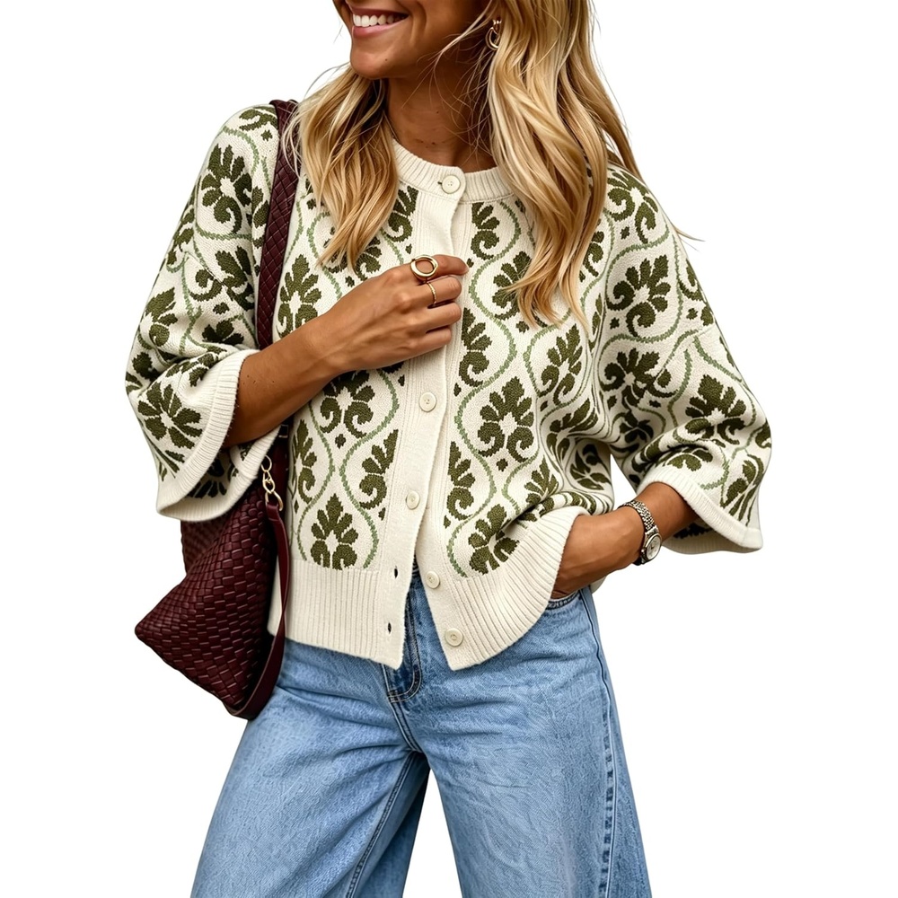 image:imageSpringrain Women Floral Knit Cardigan Short Sleeve Button Front SweaterArmygreen
