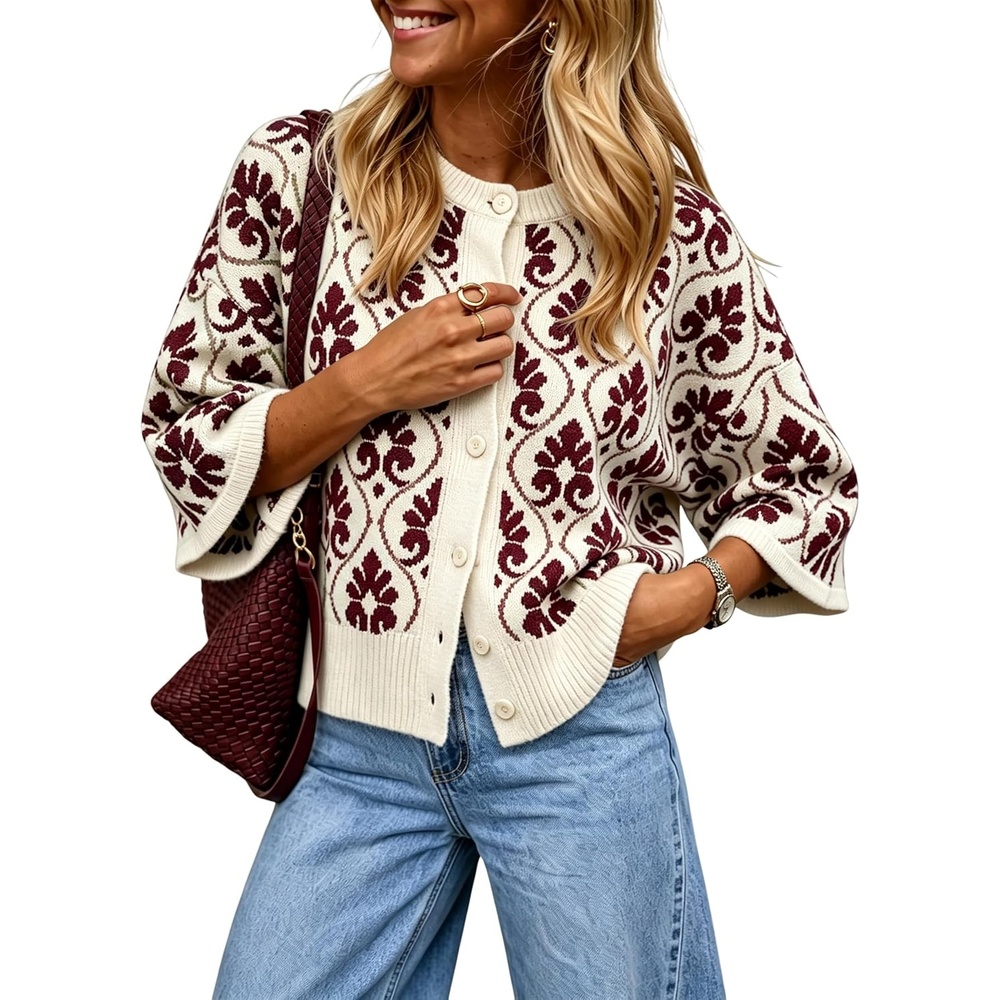 image:imageSpringrain Women Floral Knit Cardigan Short Sleeve Button Front SweaterBurgundy
