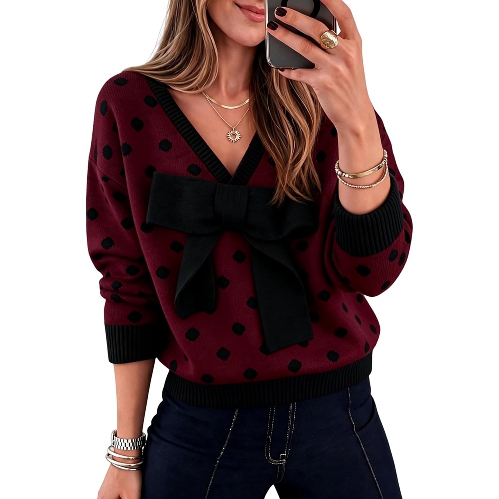 image:imageSpringrain Womens Bow Polka Dot Sweaters Pullover Knit Tops Fall ClothesBurgundy