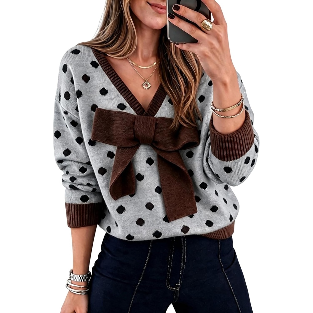 image:imageSpringrain Womens Bow Polka Dot Sweaters Pullover Knit Tops Fall ClothesGrey