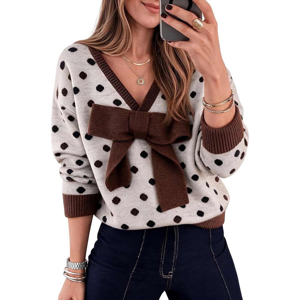 image:imageSpringrain Womens Bow Polka Dot Sweaters Pullover Knit Tops Fall ClothesHeathergrey