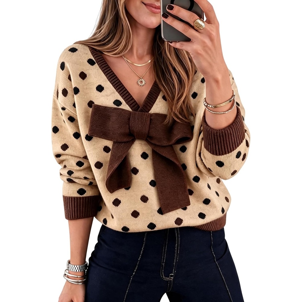 image:imageSpringrain Womens Bow Polka Dot Sweaters Pullover Knit Tops Fall ClothesKhaki