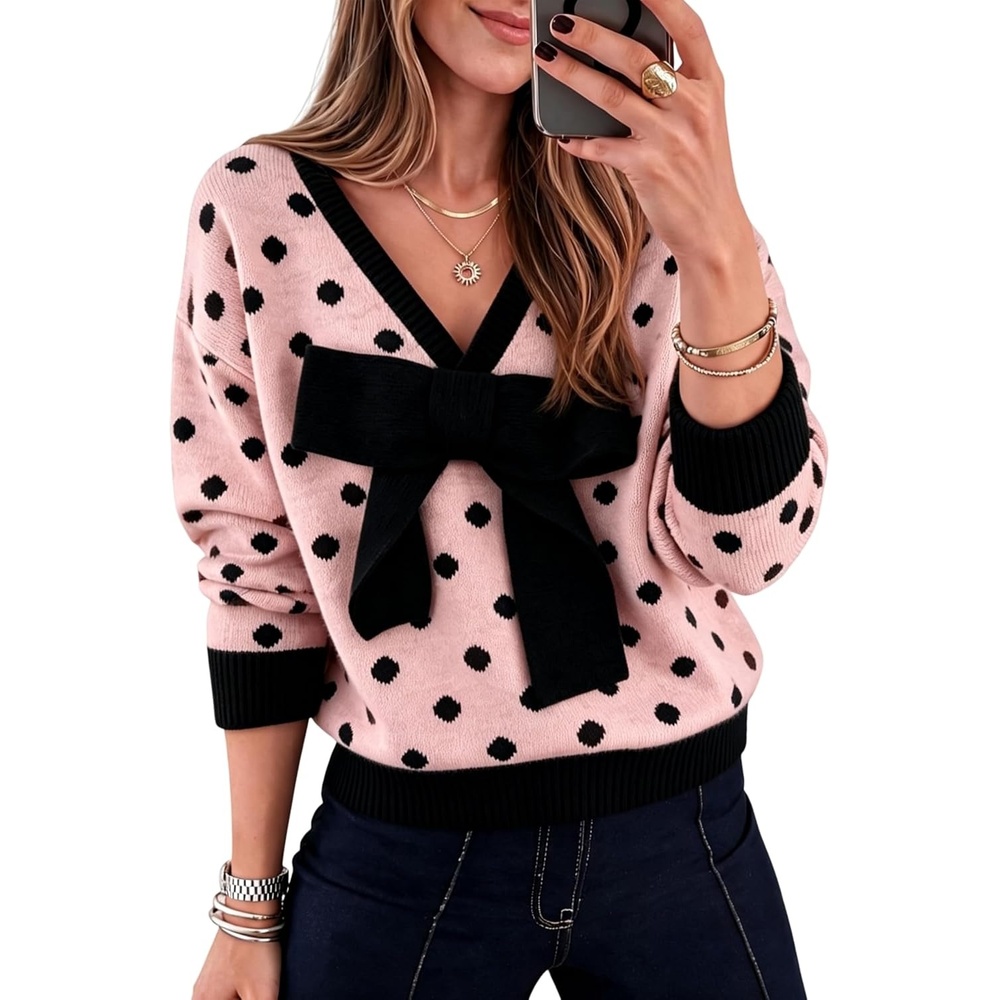 image:imageSpringrain Womens Bow Polka Dot Sweaters Pullover Knit Tops Fall ClothesPink