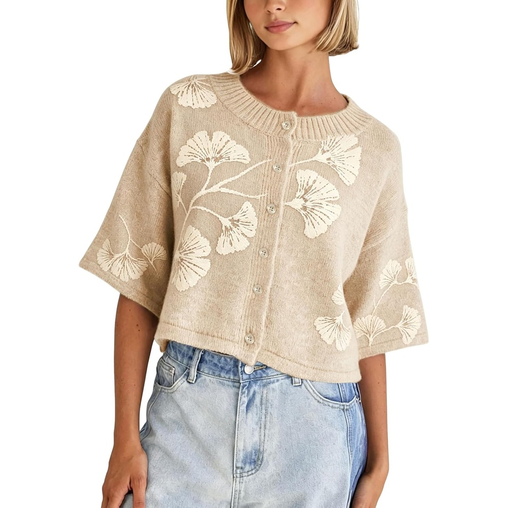 image:imageSpringrain Womens Floral Knit Cardigan 34 Sleeve Button Crew Neck SweaterApricot