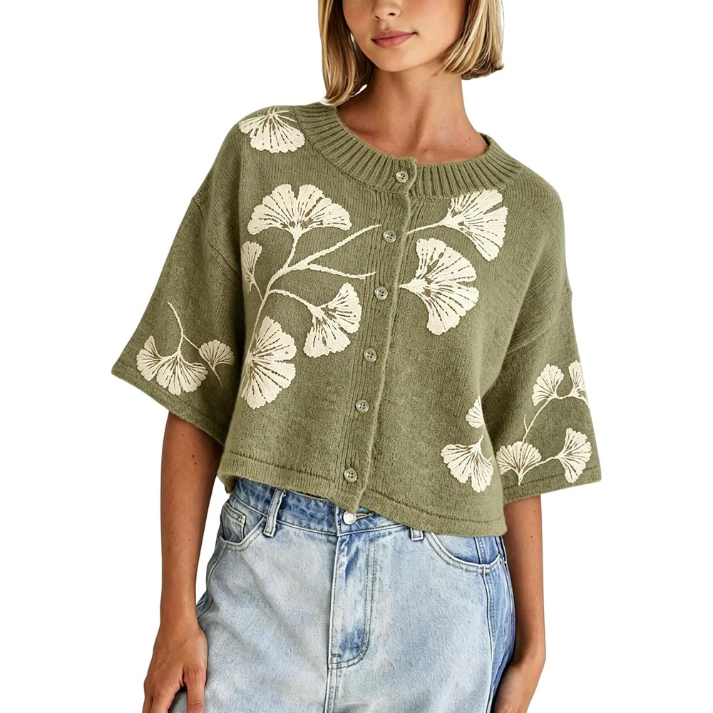 image:imageSpringrain Womens Floral Knit Cardigan 34 Sleeve Button Crew Neck SweaterGreen