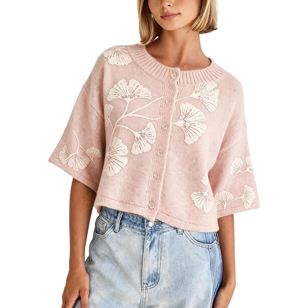 image:imageSpringrain Womens Floral Knit Cardigan 34 Sleeve Button Crew Neck SweaterPink