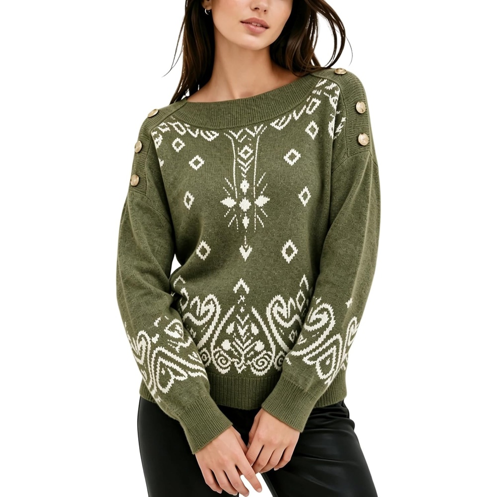 image:imageSpringrain Womens Geometric Jacquard Boat Neck Long Sleeve Knit SweaterArmygreen