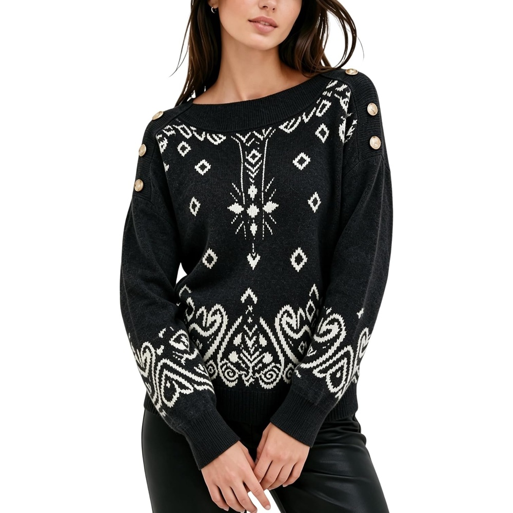 image:imageSpringrain Womens Geometric Jacquard Boat Neck Long Sleeve Knit SweaterBlack