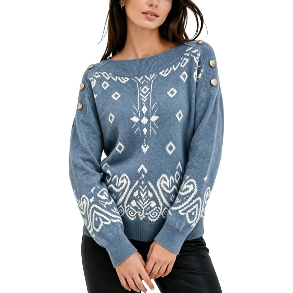 image:imageSpringrain Womens Geometric Jacquard Boat Neck Long Sleeve Knit SweaterBluegrey