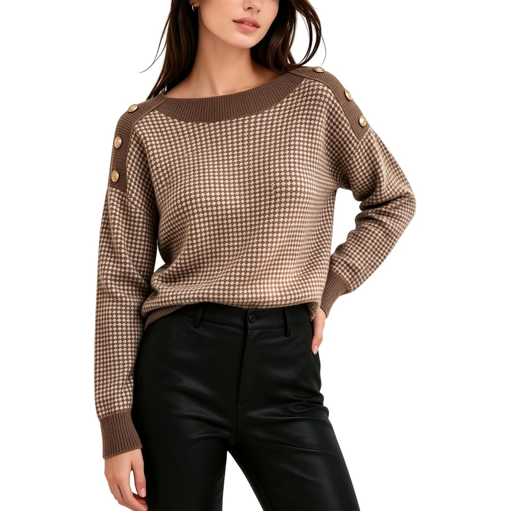 image:imageSpringrain Womens Knit Sweaters Boat Neck Tiny Check Pullover Fall TopCoffee