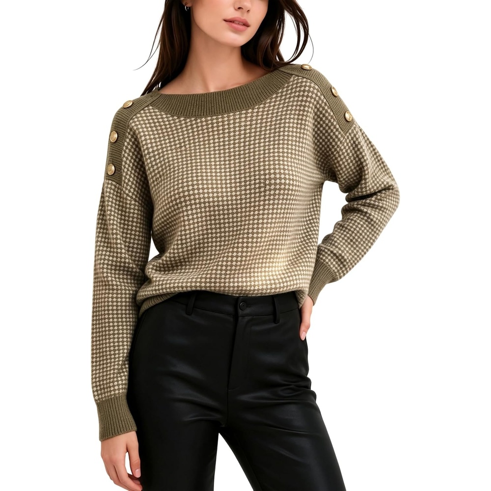 image:imageSpringrain Womens Knit Sweaters Boat Neck Tiny Check Pullover Fall TopGreen