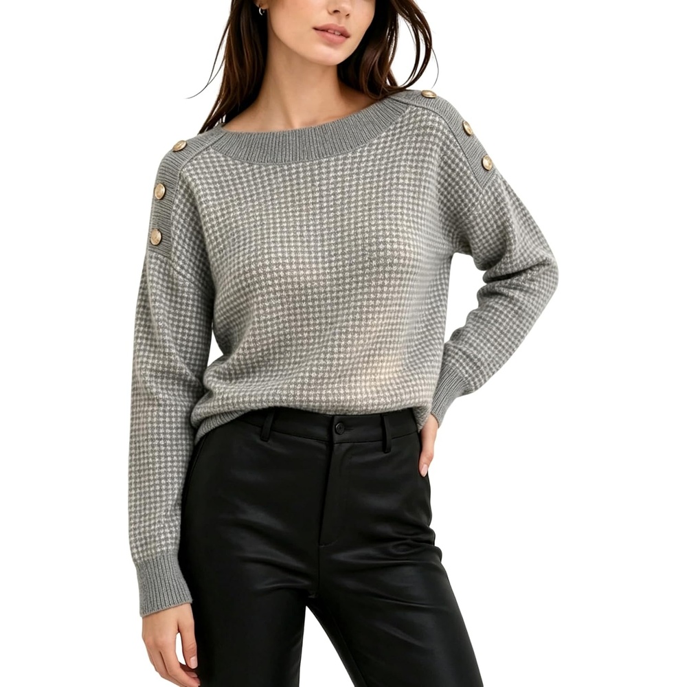 image:imageSpringrain Womens Knit Sweaters Boat Neck Tiny Check Pullover Fall TopGrey