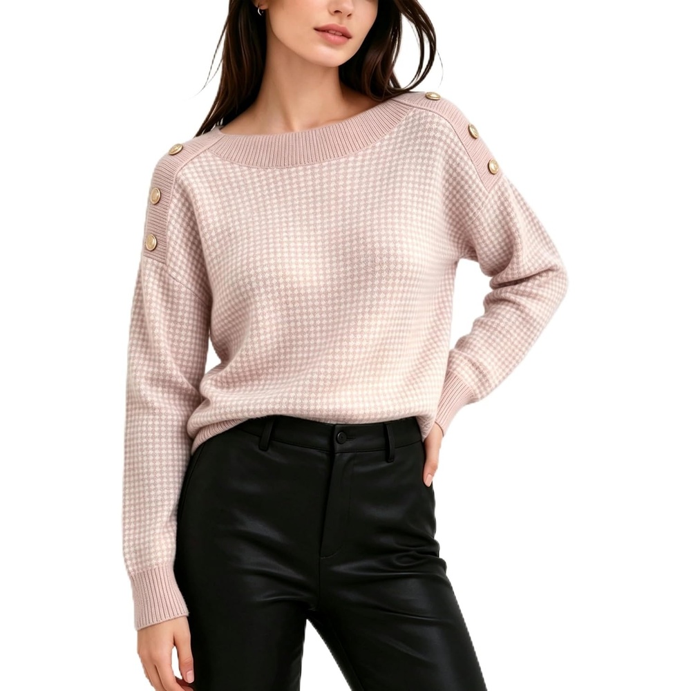 image:imageSpringrain Womens Knit Sweaters Boat Neck Tiny Check Pullover Fall TopPink