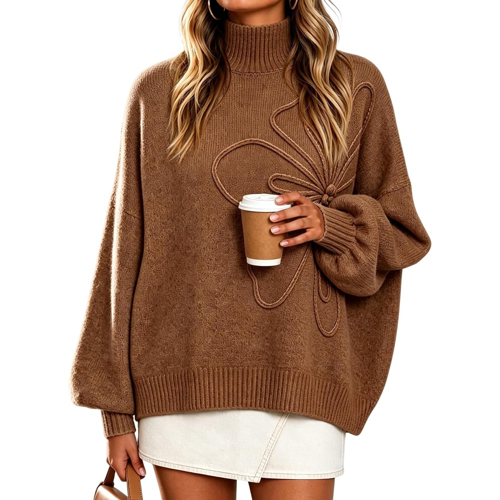 image:imageSpringrain Womens Oversized Mock Neck Sweater 3D Flower Knit Pullover TopBrown