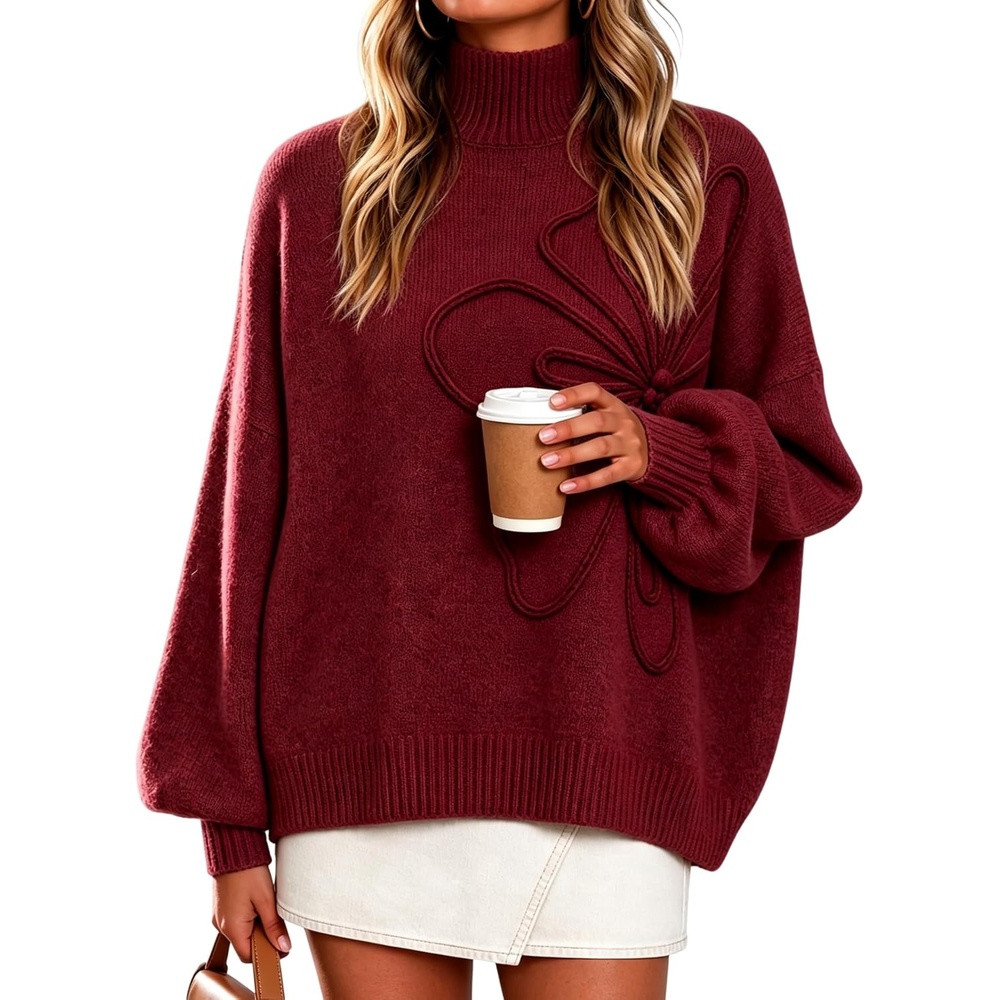 image:imageSpringrain Womens Oversized Mock Neck Sweater 3D Flower Knit Pullover TopBurgundy