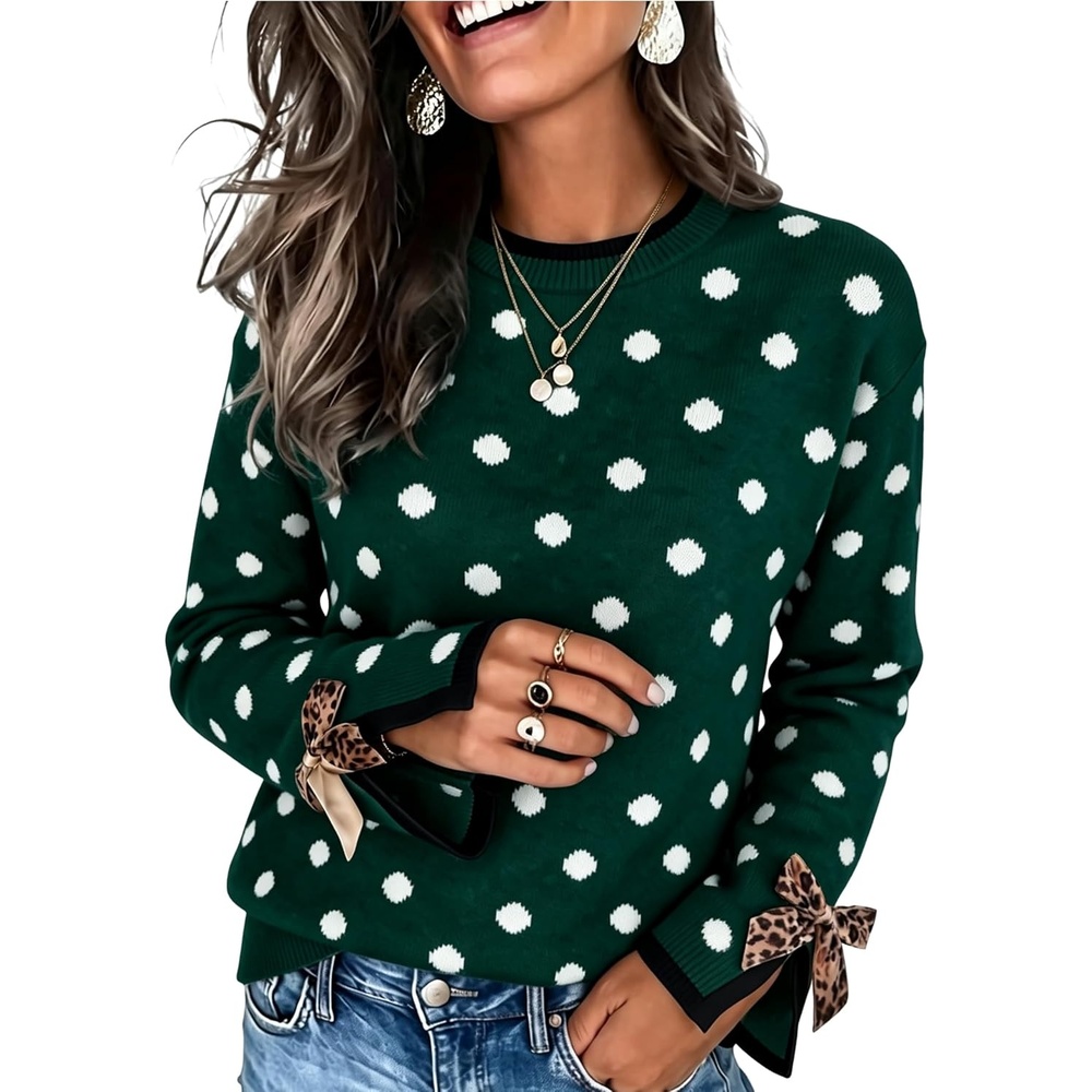 image:imageSpringrain Womens Polka Dot Crewneck Knit Pullover Sweater Fall TopsGreen