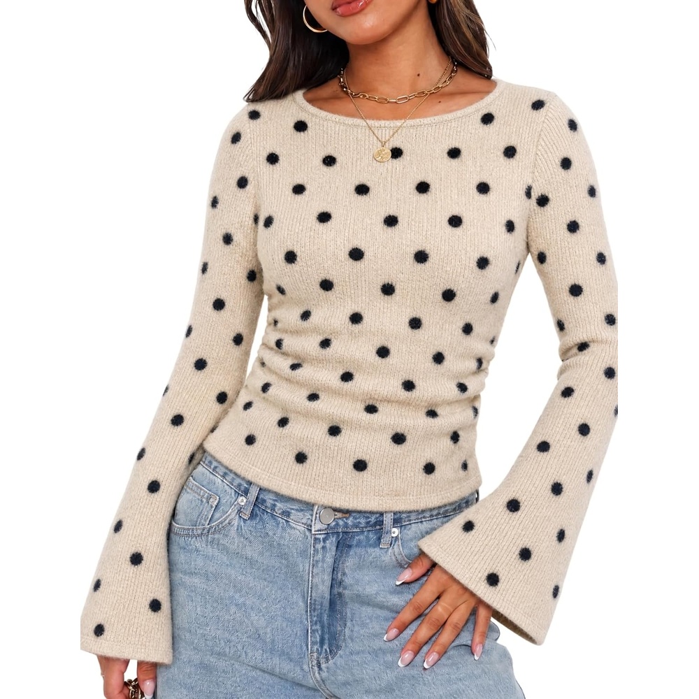 image:imageSpringrain Womens Polka Dot Knit Sweater Bell Sleeve Crew Neck PulloverApricot