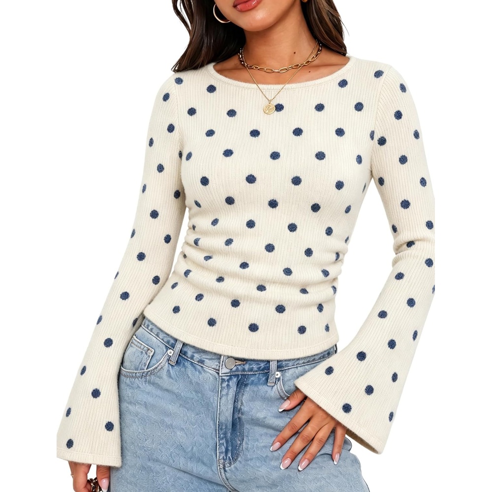 image:imageSpringrain Womens Polka Dot Knit Sweater Bell Sleeve Crew Neck PulloverBeige