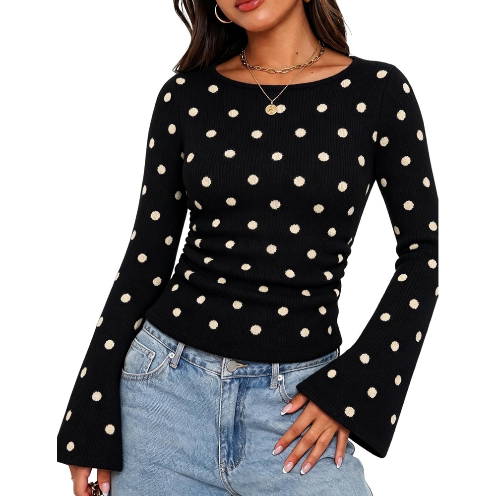 image:imageSpringrain Womens Polka Dot Knit Sweater Bell Sleeve Crew Neck PulloverBlack